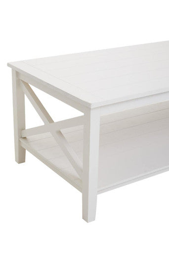 White Wooden Rectangular Coffee Table with Lower Shelf and X Frame Side Panels, Heritage