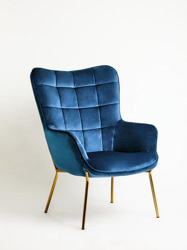 Stockholm Blue Velvet Chair with Gold Finish Tapered Legs