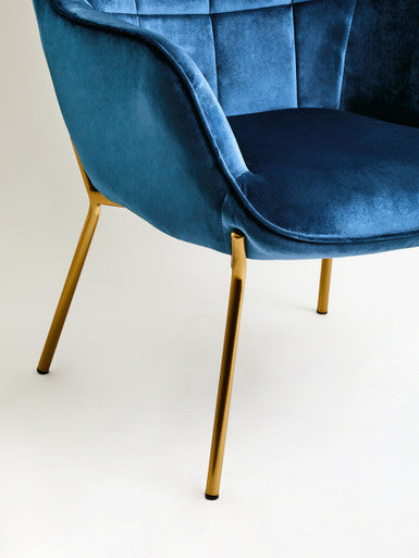 Stockholm Blue Velvet Chair with Gold Finish Tapered Legs