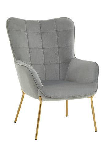 Stockholm Grey Velvet Chair with Gold Finish Tapered Legs
