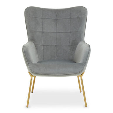 Stockholm Grey Velvet Chair with Gold Finish Tapered Legs