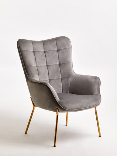 Stockholm Grey Velvet Chair with Gold Finish Tapered Legs