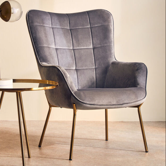 Stockholm Grey Velvet Chair with Gold Finish Tapered Legs