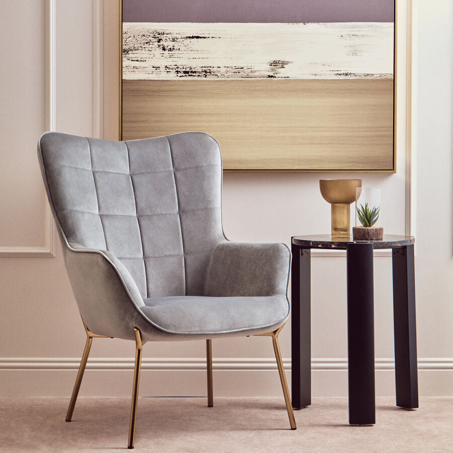 Stockholm Grey Velvet Chair with Gold Finish Tapered Legs