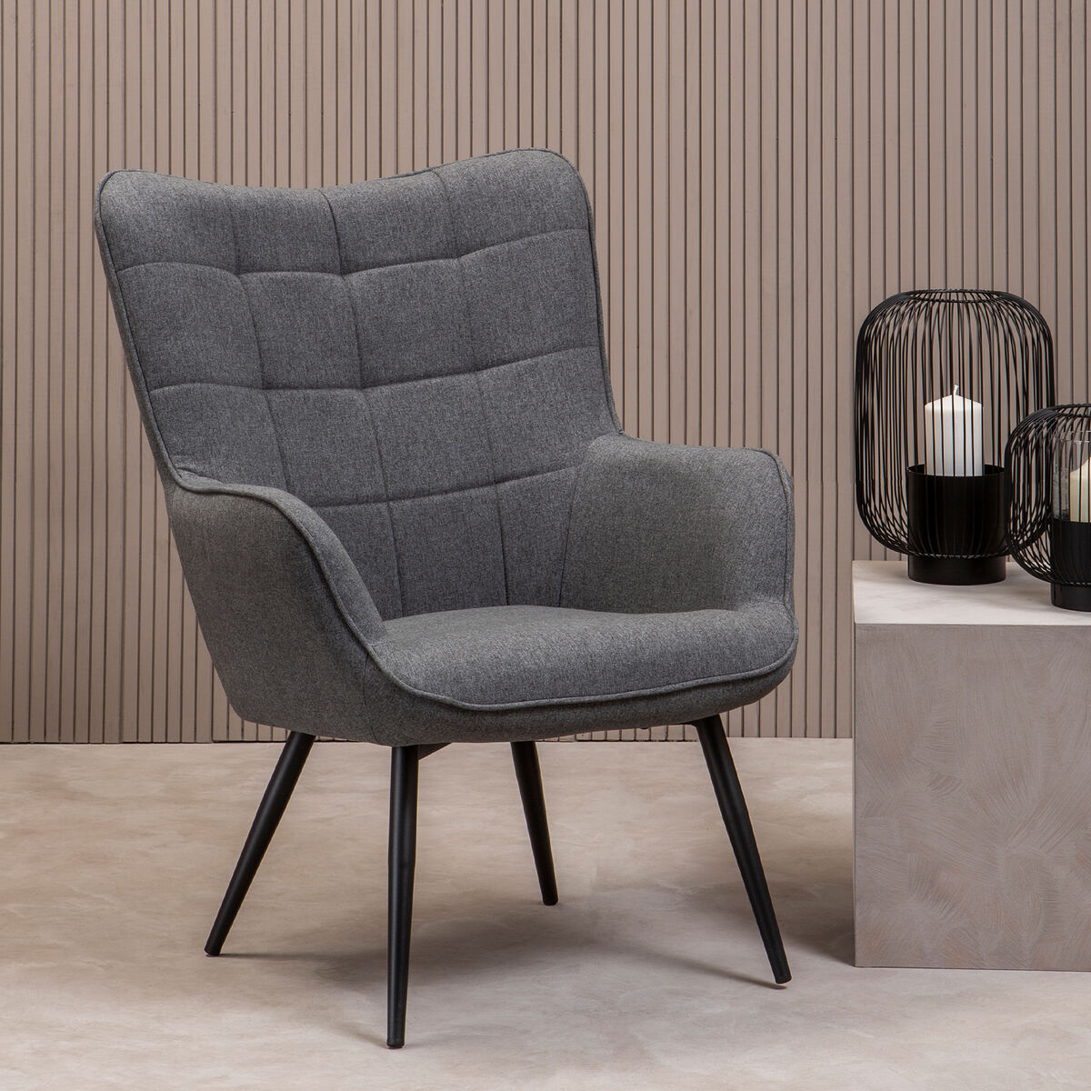 Stockholm Grey Fabric Armchair with Square Tufted Backrest