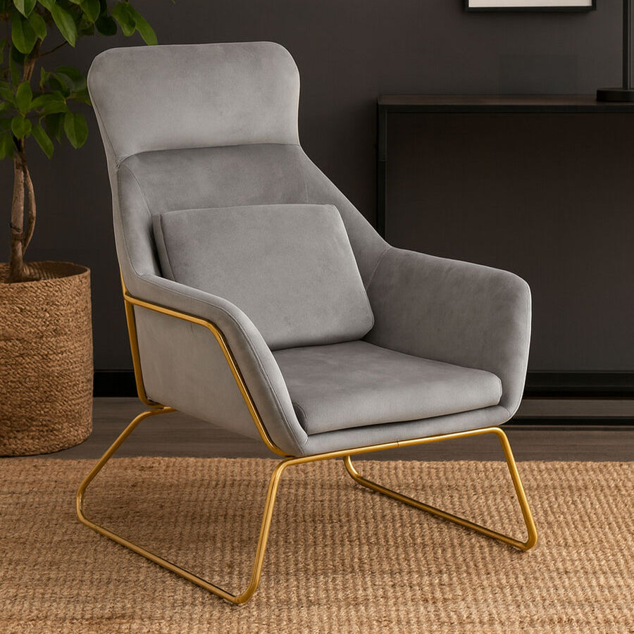 Stockholm Grey Velvet Armchair with Gold Metal Legs