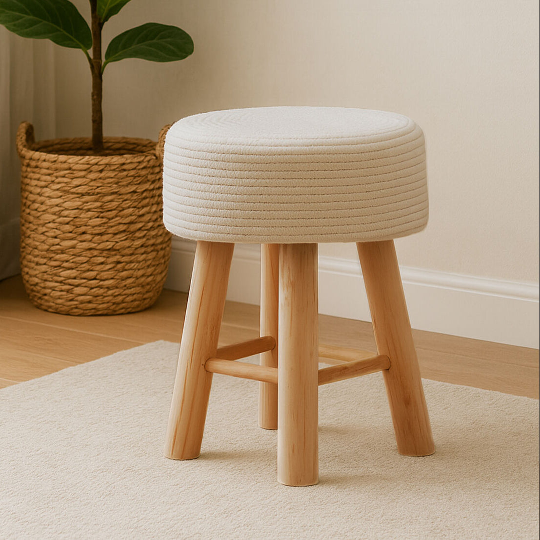 Lentigo White Cotton Stool with Woven Rope Seat