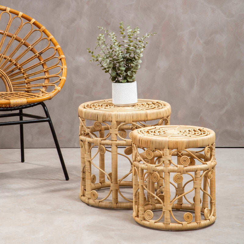 Natural Rattan Set of Two Nesting Tables with Tight Weave Top and Scrolled Base, Mataram