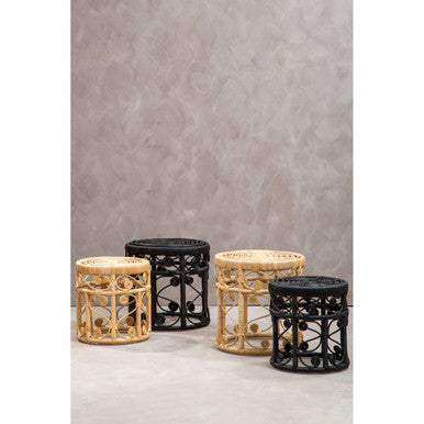 Black Natural Rattan Set of Two Nesting Tables with Tight Weave Top and Scrolled Base, Mataram