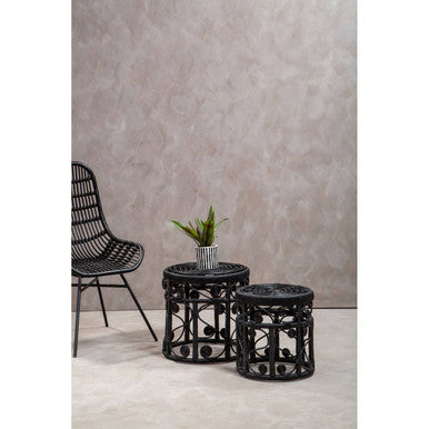 Black Natural Rattan Set of Two Nesting Tables with Tight Weave Top and Scrolled Base, Mataram