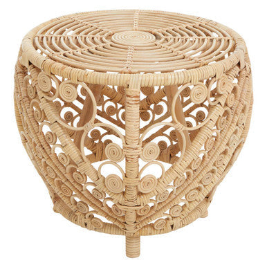 Large Natural Rattan Side Table with Tight Weave and Scrolled Detail | Mataram