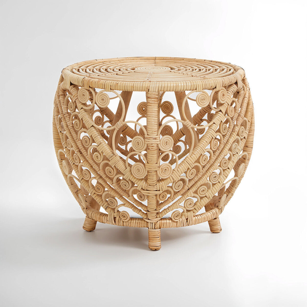 Large Natural Rattan Side Table with Tight Weave and Scrolled Detail, Mataram