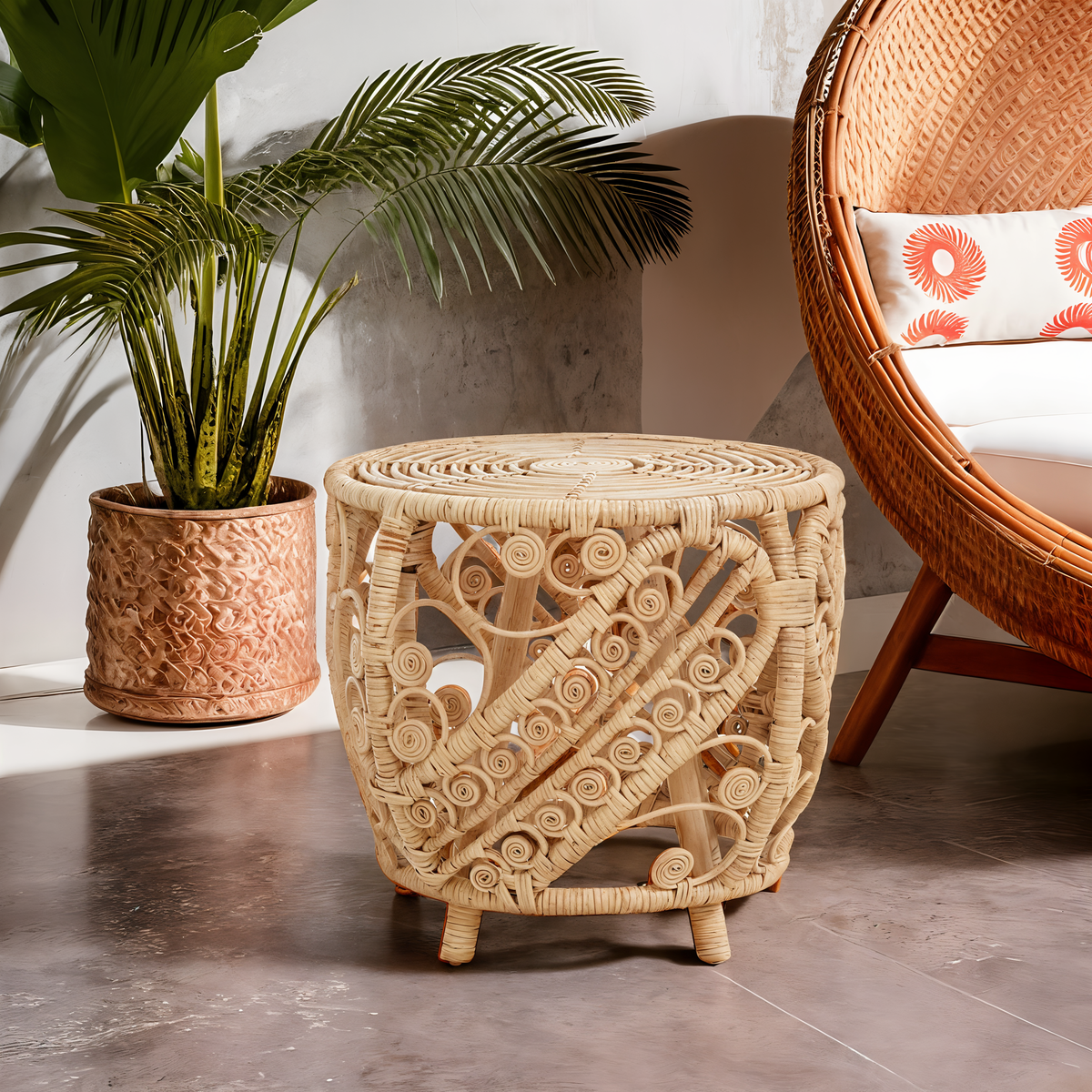 Large Natural Rattan Side Table with Tight Weave and Scrolled Detail, Mataram