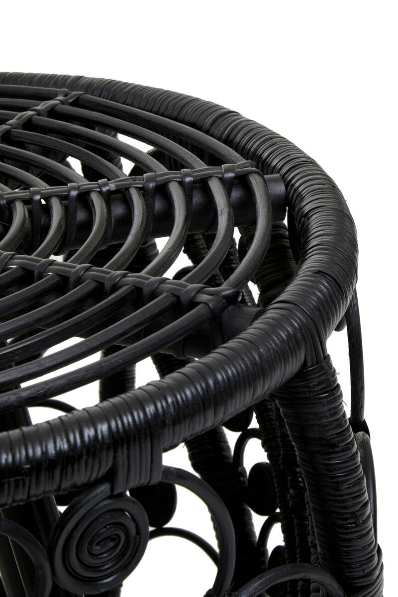 Black Natural Rattan Side Table with Tight Weave and Scrolled Detail, Mataram