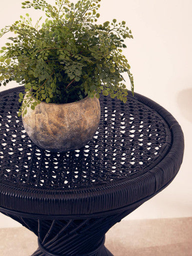 Black Rattan Side Table with Twisted Base and Tight Weave Top, Mataram