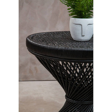 Black Rattan Side Table with Twisted Base and Tight Weave Top, Mataram
