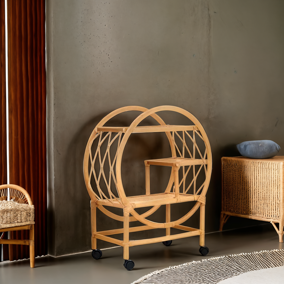 Three Tier Rattan Bar Trolley in Natural Finish , Mataram