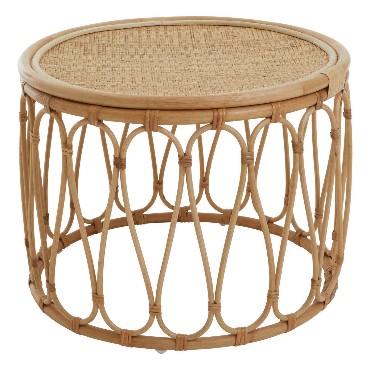 Natural Rattan Coffee Table with Open Weave Design and Webbing Round Top, Mataram