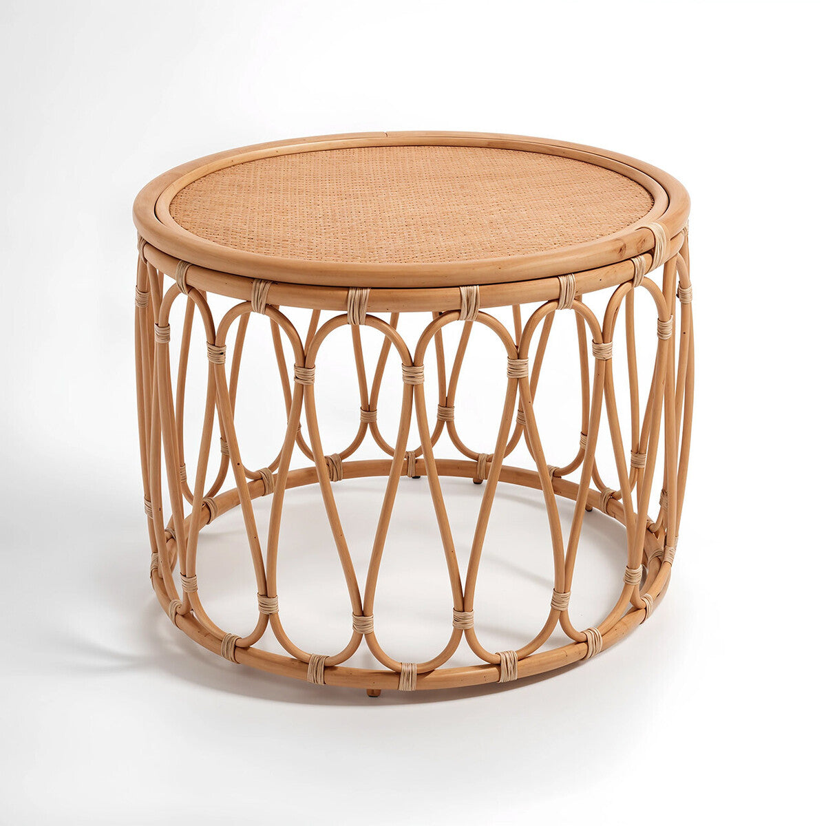 Natural Rattan Coffee Table with Open Weave Design and Webbing Round Top, Mataram