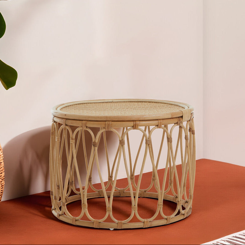 Natural Rattan Coffee Table with Open Weave Design and Webbing Round Top, Mataram