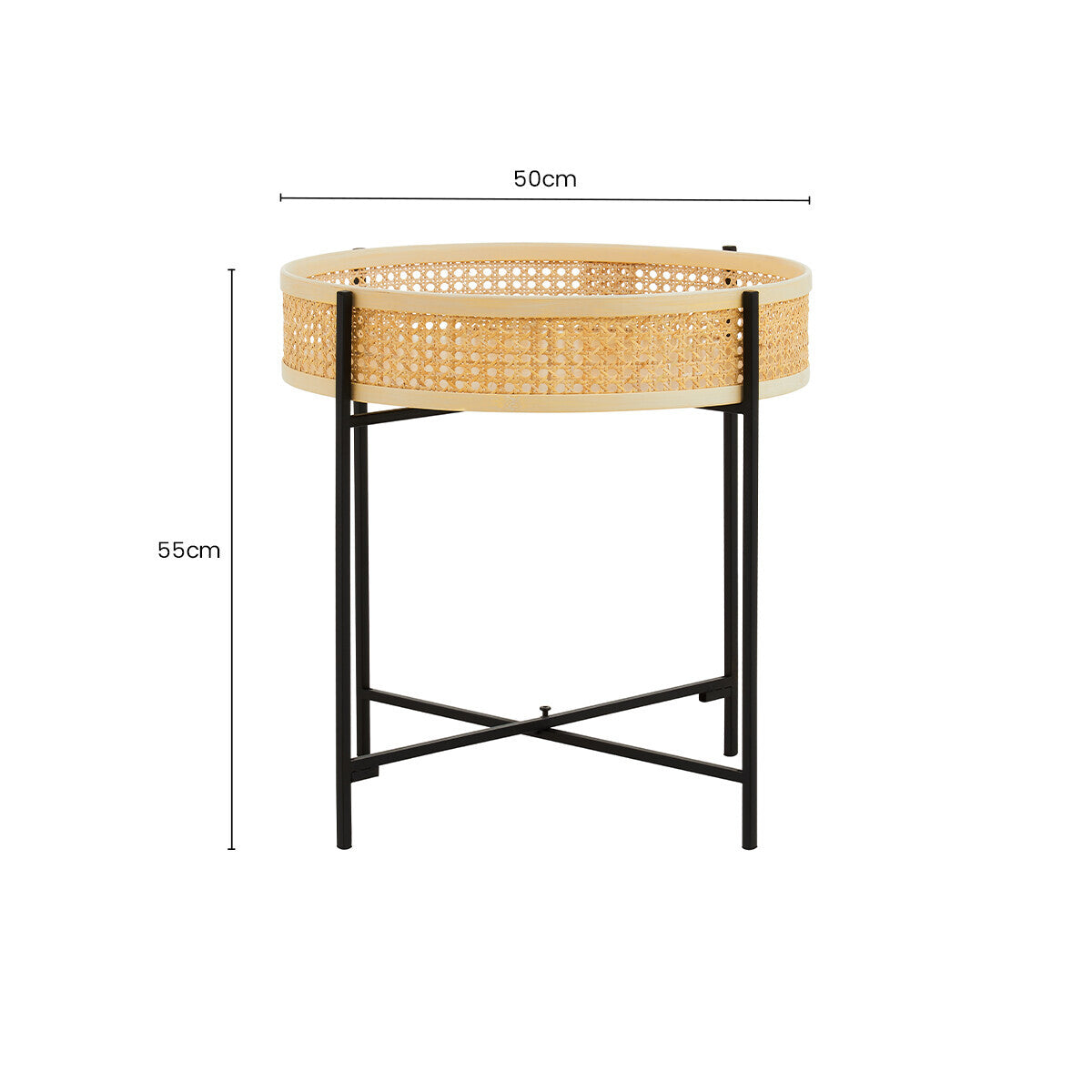 Natural Rattan Round Top Side Table with Black Metal Cross Base Legs, Depok