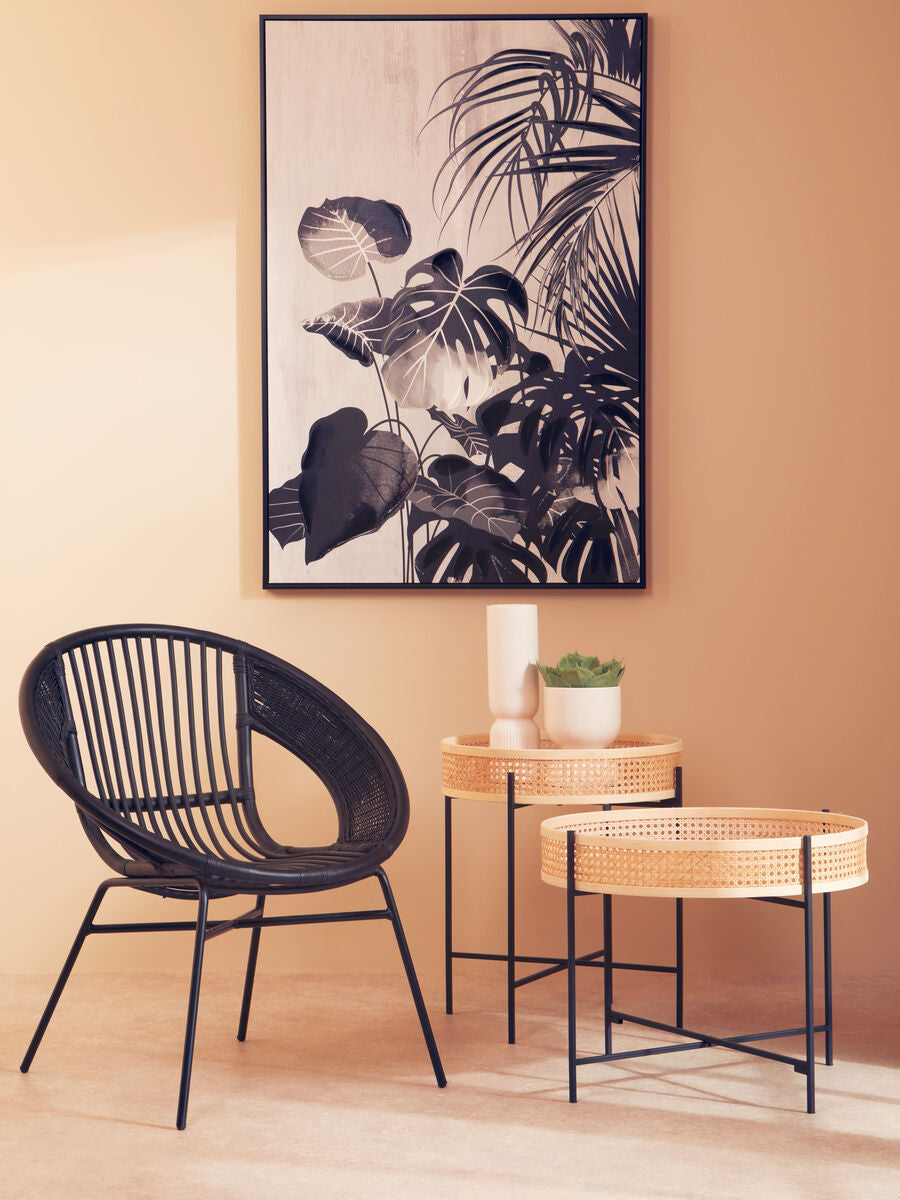 Natural Rattan Round Top Side Table with Black Metal Cross Base Legs, Depok