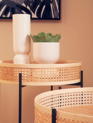 Natural Rattan Round Top Side Table with Black Metal Cross Base Legs, Depok