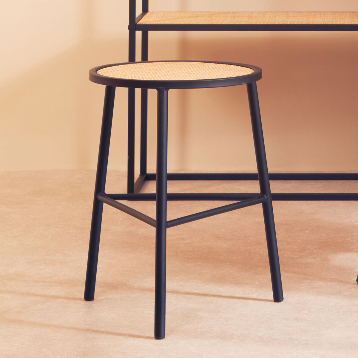 Depok Black Rattan Stool with Rattan Seat
