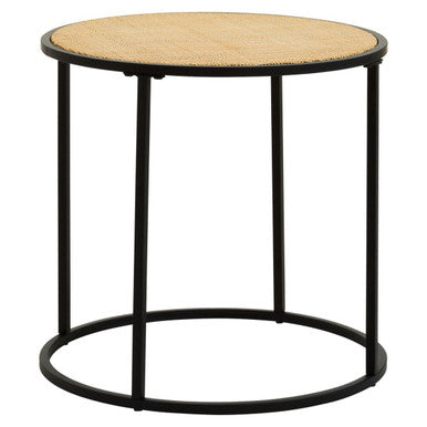 Natural Rattan Round Top Side Table with Black Metal Base, Depok