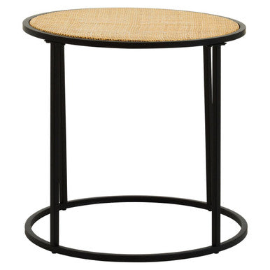 Natural Rattan Round Top Side Table with Black Metal Base, Depok