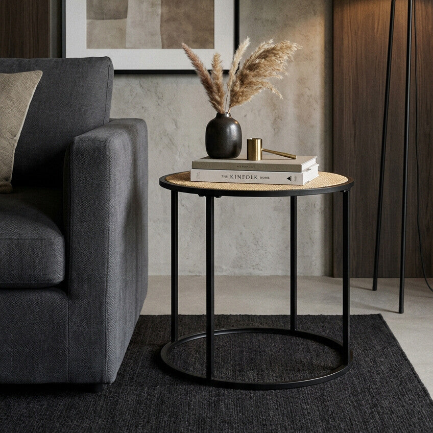 Natural Rattan Round Top Side Table with Black Metal Base, Depok