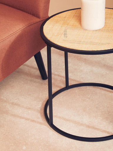 Natural Rattan Round Top Side Table with Black Metal Base, Depok
