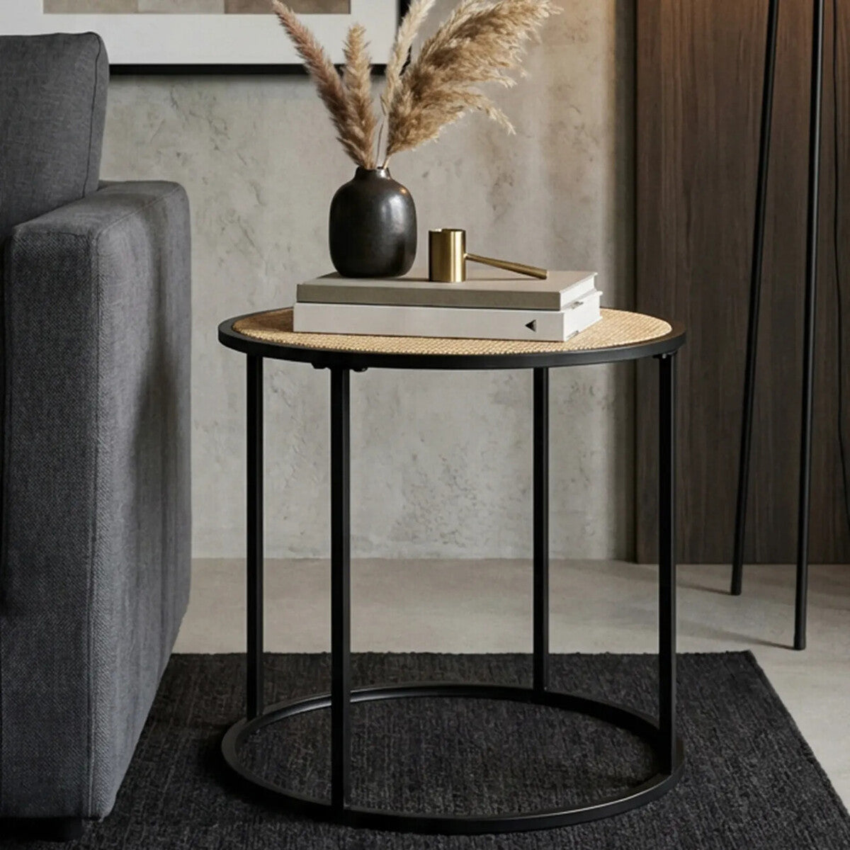 Natural Rattan Round Top Side Table with Black Metal Base, Depok
