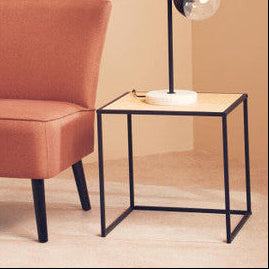 Natural Rattan Top Side Table with Black Metal Square Base, Depok