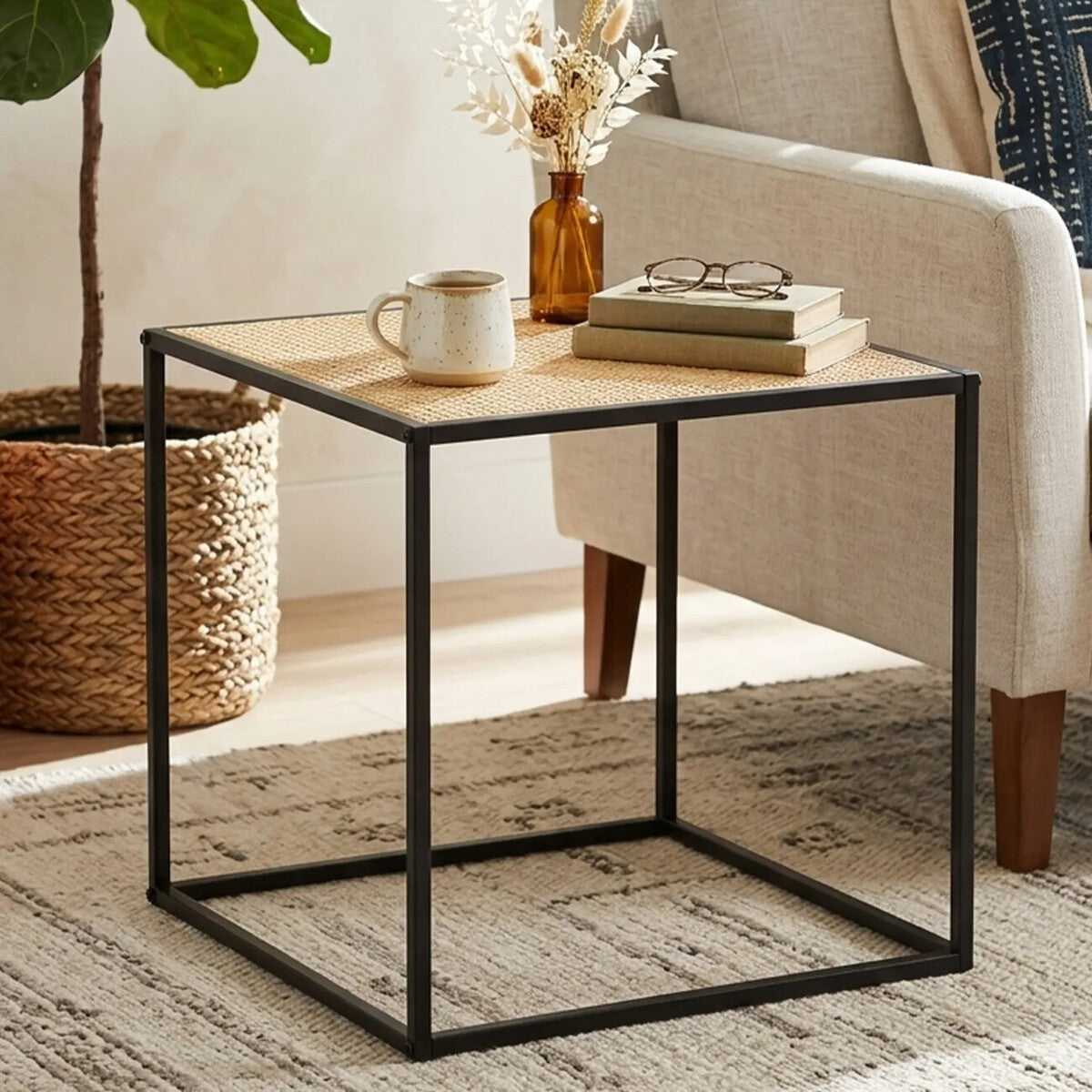 Natural Rattan Top Side Table with Black Metal Square Base, Depok
