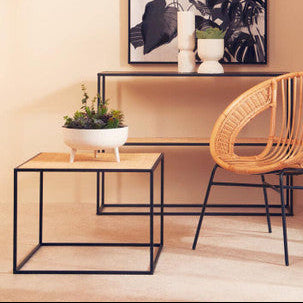 Natural Rattan Top and Black Metal Coffee Table, Depok
