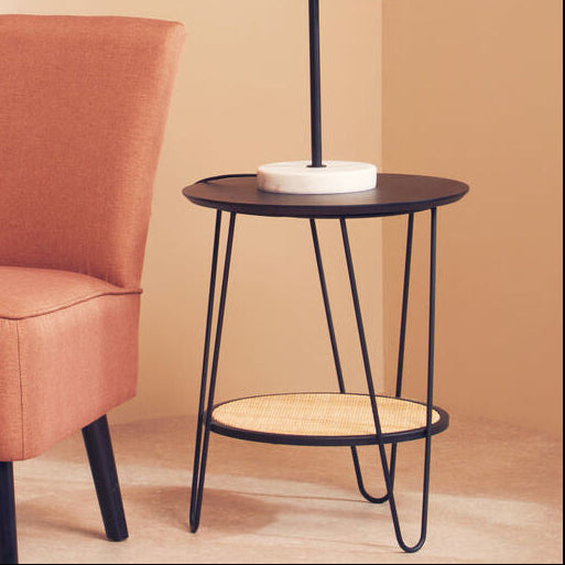 Natural Rattan Top Side Table with Lower Shelf and Black Metal Hairpin Legs, Depok