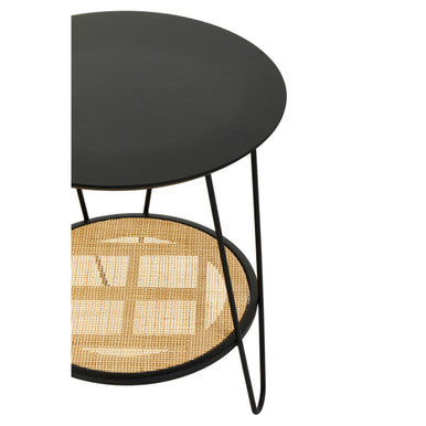 Natural Rattan Top Side Table with Lower Shelf and Black Metal Hairpin Legs, Depok