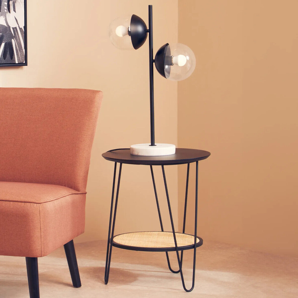 Natural Rattan Top Side Table with Lower Shelf and Black Metal Hairpin Legs, Depok
