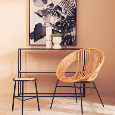Black Metal Frame 2-Tier Console Table with Natural Rattan Shelving, Depok