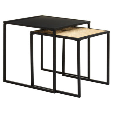 Black Metal and Rattan Top Nest of 2 Tables with Square Frames, Depok