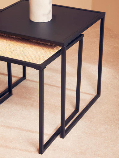 Black Metal and Rattan Top Nest of 2 Tables with Square Frames, Depok