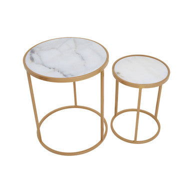 Set of 2 White Marble Top and Gold Metal Frame Nesting Tables, Colva