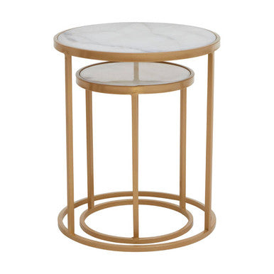Set of 2 White Marble Top and Gold Metal Frame Nesting Tables, Colva
