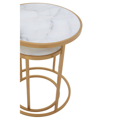 Set of 2 White Marble Top and Gold Metal Frame Nesting Tables, Colva