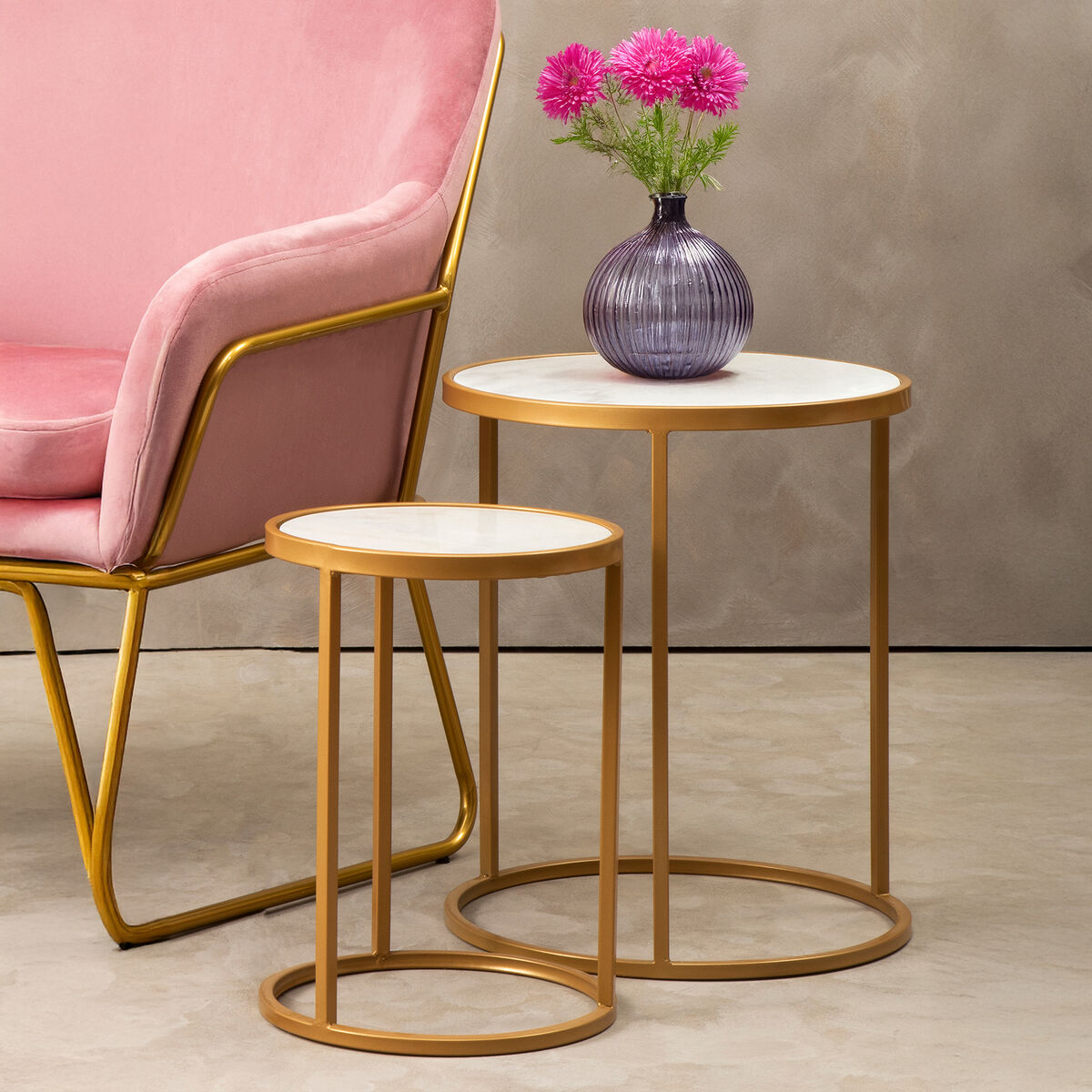 Set of 2 White Marble Top and Gold Metal Frame Nesting Tables, Colva
