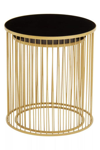 Set of 2 Black Glass Top and Gold Finish Base Side Tables | Avento