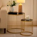 Set of 2 Black Glass Top and Gold Finish Base Side Tables | Avento
