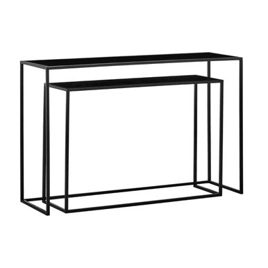 Set of 2 Black Glass Top and Metal Frame Console Tables, Avento