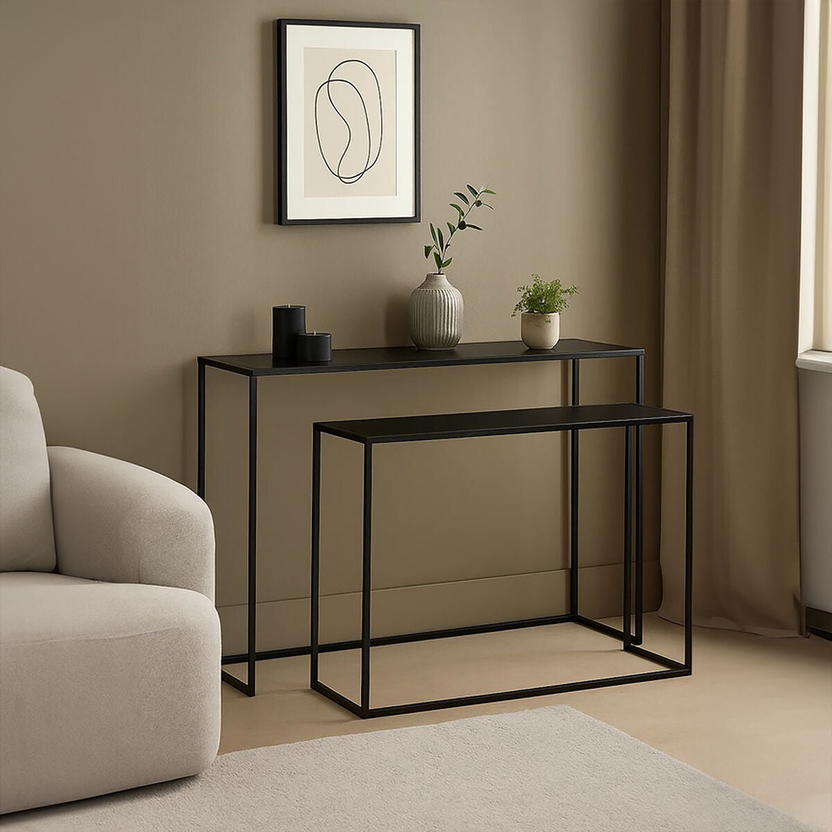 Set of 2 Black Glass Top and Metal Frame Console Tables, Avento